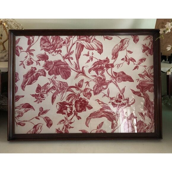 Wood Frame Antique Vintage Glass Serving Tray Red Flower Pattern Print - Picture 14 of 15
